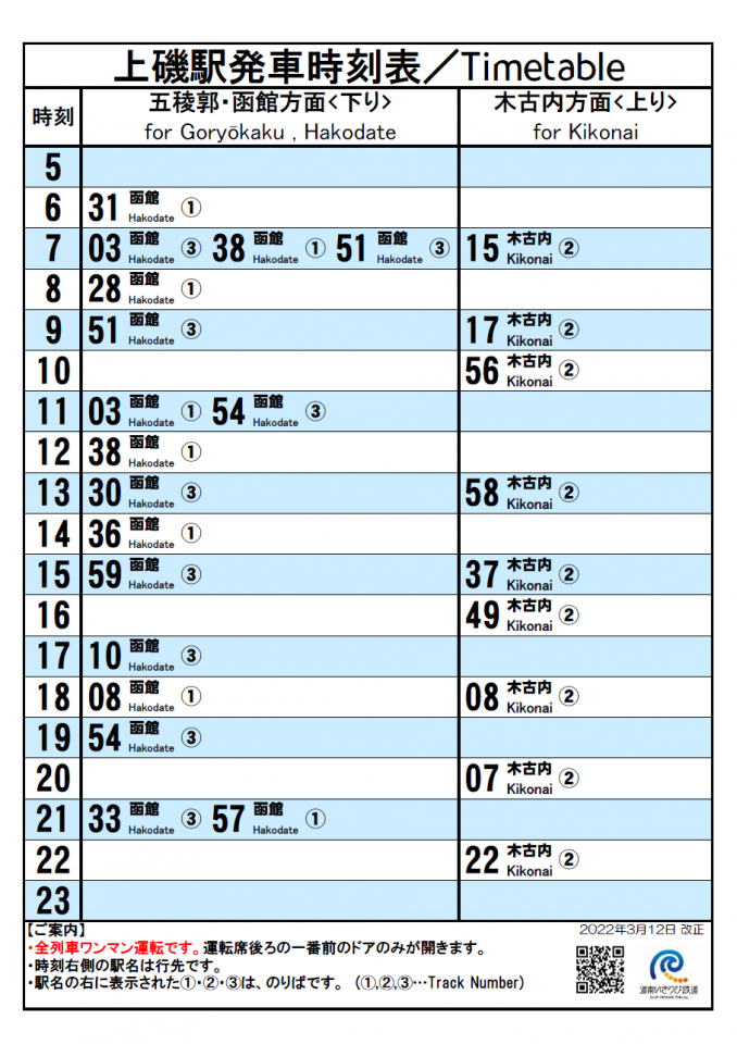 上磯駅時刻表(令和４年３月12日から)