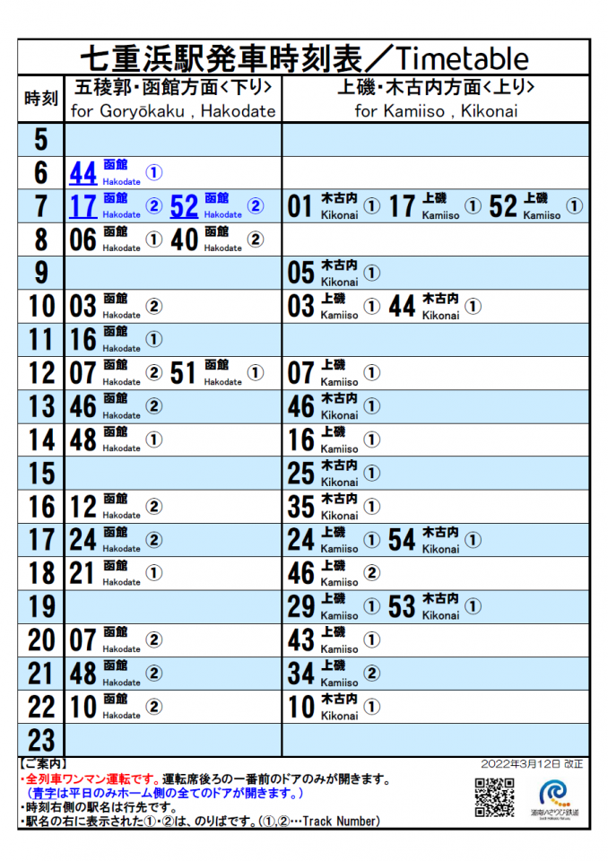 七重浜駅時刻表(令和４年３月12日から)