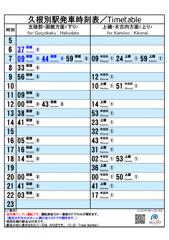 久根別駅時刻表(令和４年３月12日から)