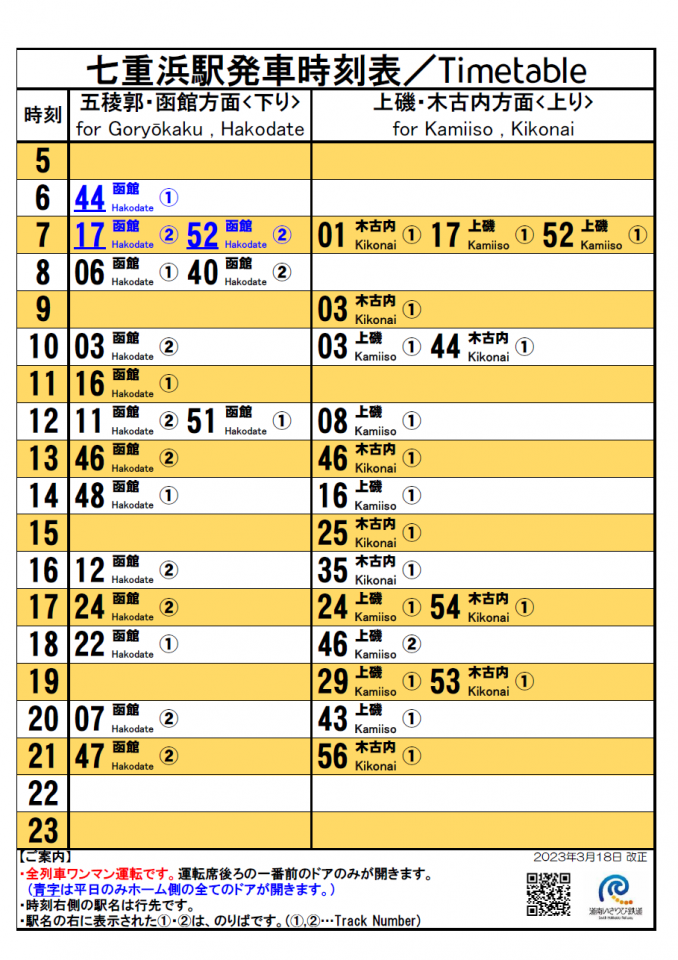 20230318駅頭時刻表_七重浜