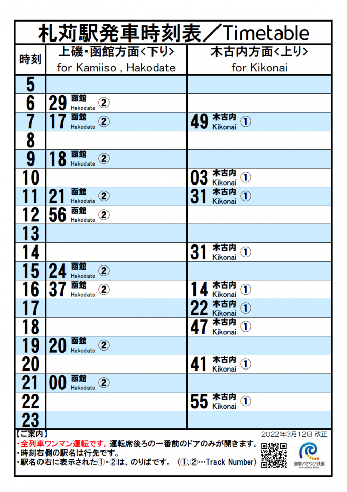 札苅駅時刻表(令和４年３月12日から)